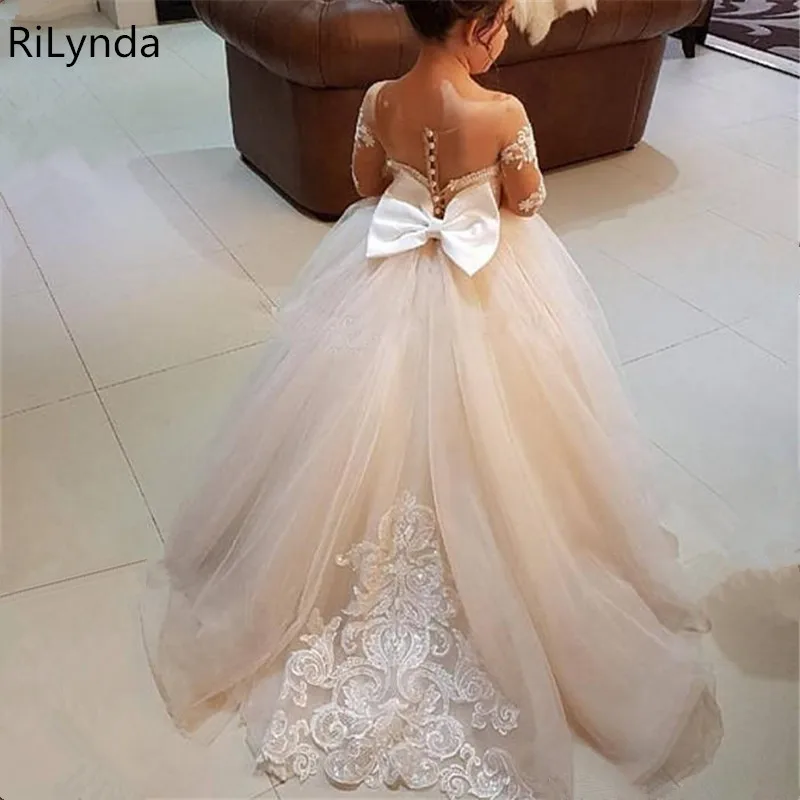 Vestido De Baile De Renda Marfim Infantil, Vestidos Menina De Flores, Vestidos Compridos De Comunhão, Laço De Cetim, Princesa