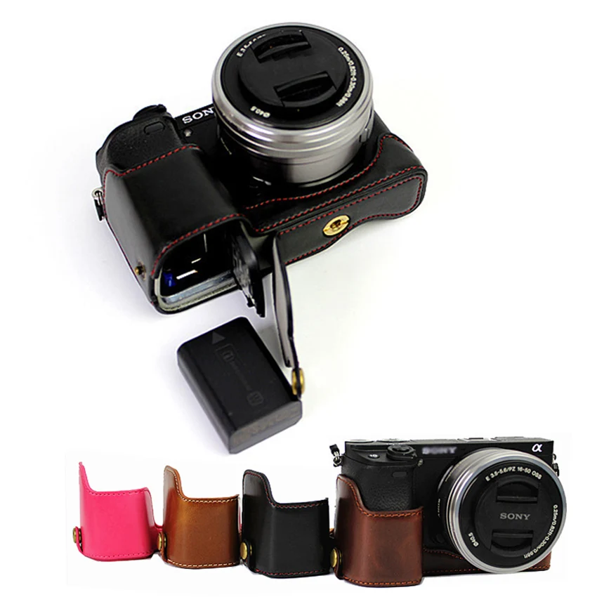 PU Leather camera Bag case For Sony A6300 A6000 A6100 A6400 ILCE-6100 Half Body Cover With Bottom Battery Opening