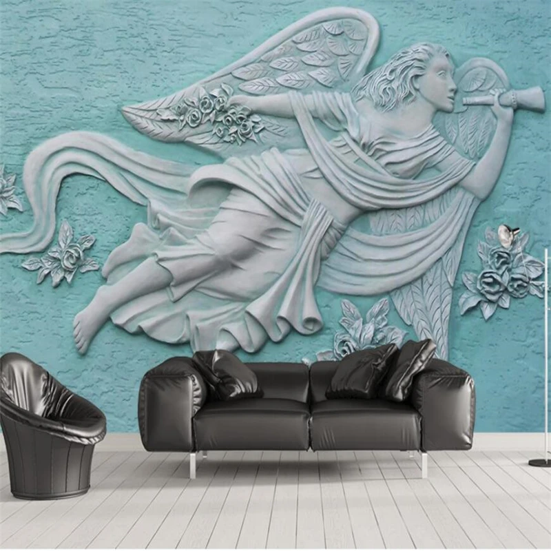 wellyu European 3D three-dimensional relief angel beautiful flowers background wall custom large mural green wallpaper