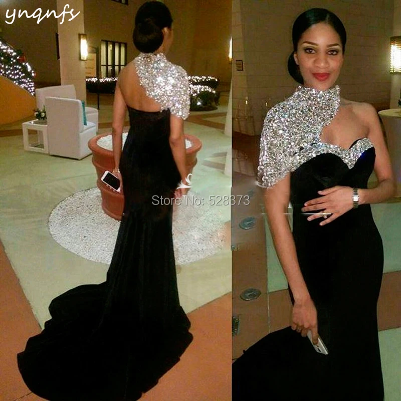 YNQNFS ED229 Elegant High Neck Crystal Velvet Dress Black Sexy Mermaid Evening Party Gown Mother of the Bride Dresses 2019