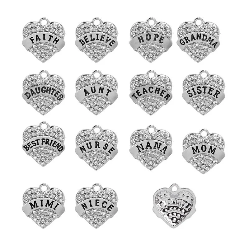 10 Pcs Blue Pink white Full Rhinestone Charm Pendant Mom Sister Best friend Nurse Hope Heart Pendant Family Series Jewelry