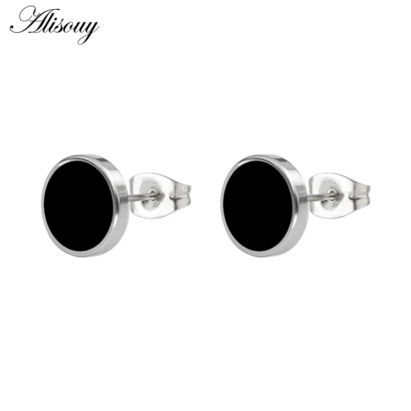 Alisouy 4 Colors 316L Titanium Steel Drops Oil Stud Earrings Round Steel Button Black Center Gift For Men Trendy Accessories