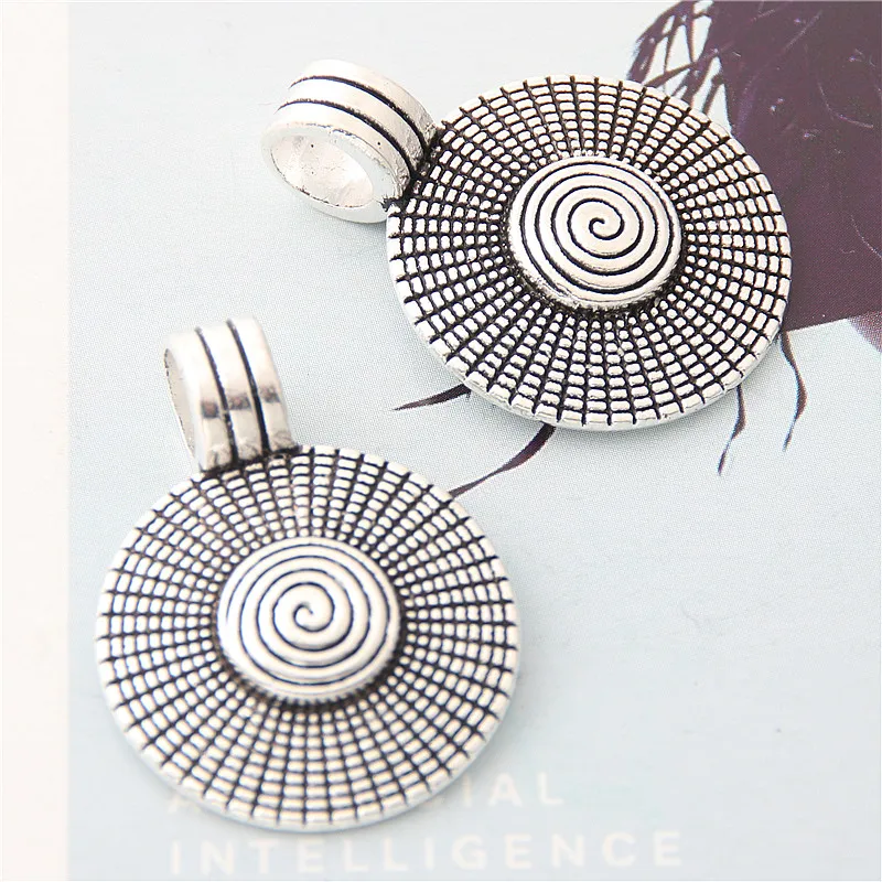 10pcs  Silver Color Round Charms With Small Spiral Pendant Finding Necklace Jewelry Diy Accessories Wholesale 31x23mm A3050