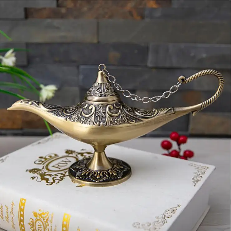 Vintage Metal Carved Aladding magic Lamp Light Wishing Tea Oil Pot Decoration Collectable Saving Collection Arts Craft Gift A37