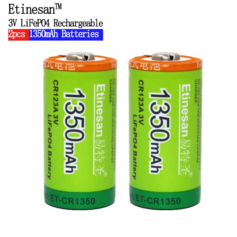 

Etinesan 2pcs Cr123a 3v LiFePO4 Lithium Batteries Li-Po 16340 3.0V Li-ion Li-polymer 1350mAh Rechargeable Battery