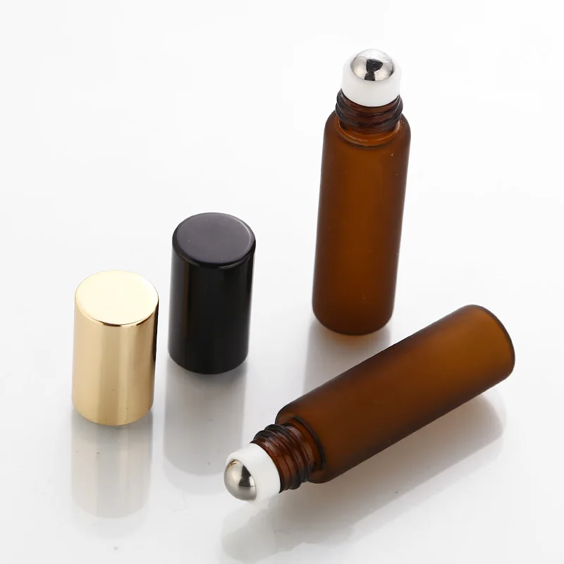 50pcs/lot 5ml Frosted Amber Perfume Glass Roll on Bottle with Glass/Metal Ball Brown Roller Essential Oil Vials Thin