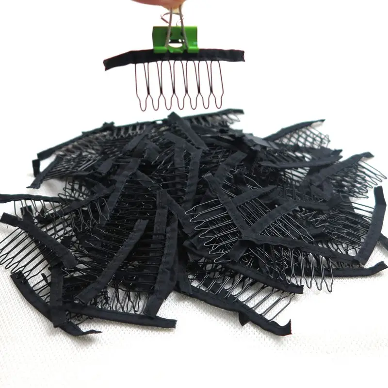 HARMONY Hair 100 Pieces 7-teeth black polyester cloth attached wig combs sewed into ponytail wigs combs insert wig clips