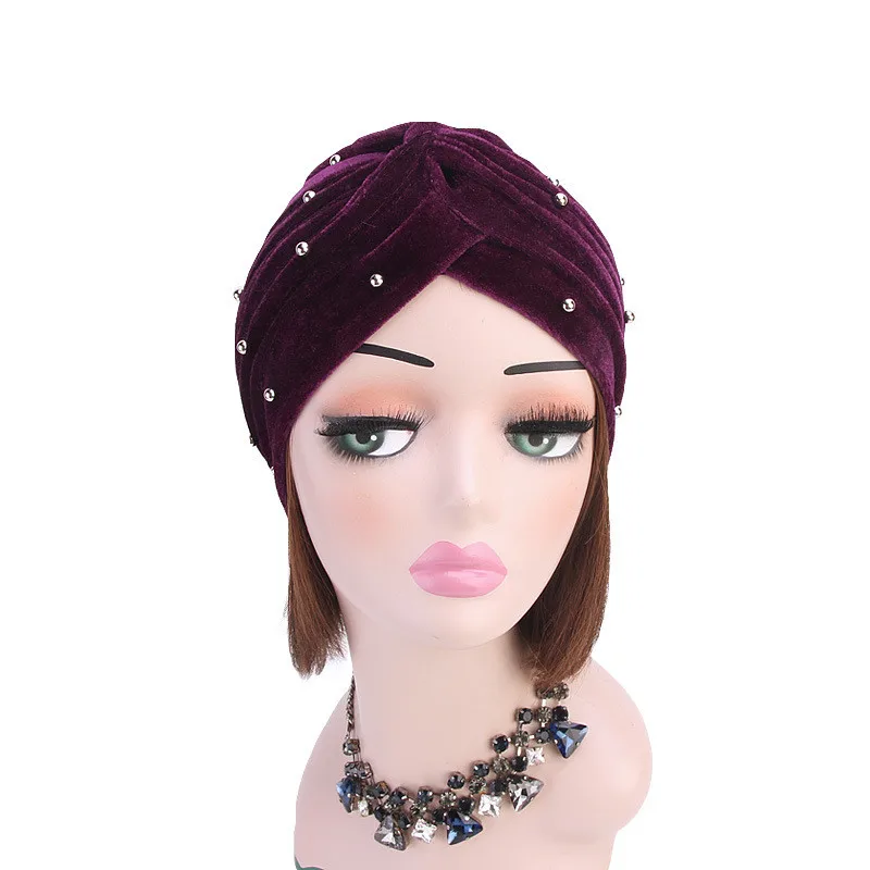 Muslim Women Ruffle Velvet Bead turban Hat Scarf Banadans Cancer Chemo Beanie caps Headwear Headwrap Ladies Hair Accessories