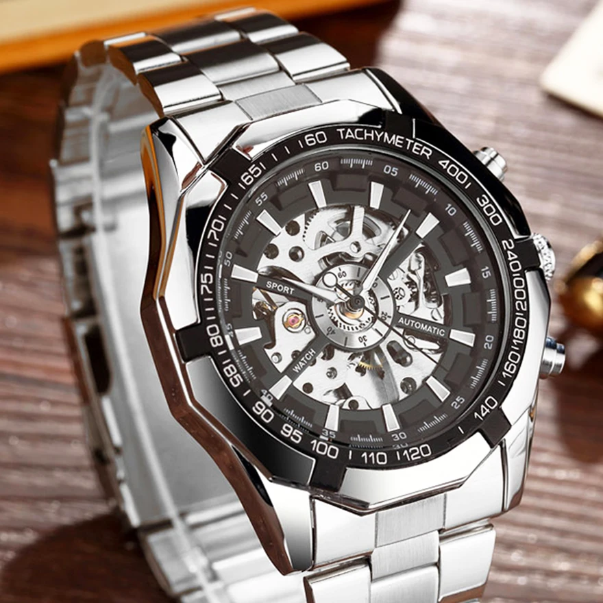 Men Skeleton Luxury Automatic Mechanical Watch Stainless Steel Self-wind Wrist Watch Silver Gold Men Clock Relogio Masculino