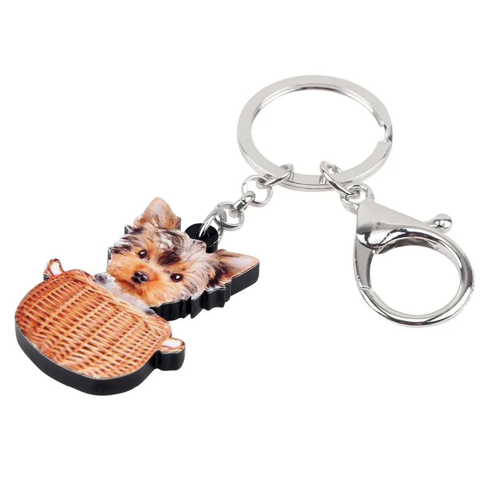 Bonsny Acrylic Basket Yorkshire Dog Key Chains Keychains Rings Cute Animal Jewelry For Women Girls Bag Car Pendant Charms Gift