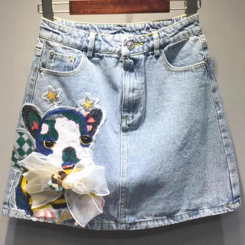 

spring summer new fashion women sequins flower embroidered high waist short jeans skirt a-line