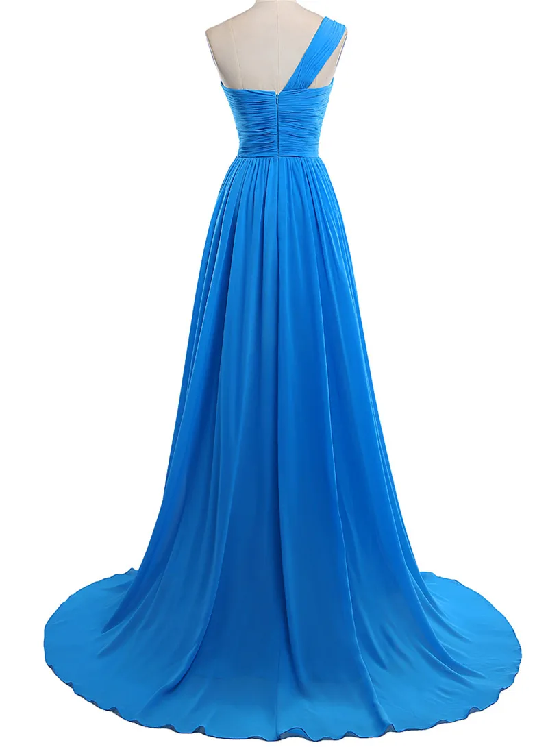 2019 New Actual Images  One-Shoulder Long Prom Dresses Handmade Flower Chiffon Bridesmaid Dresses Party Vestido Longo