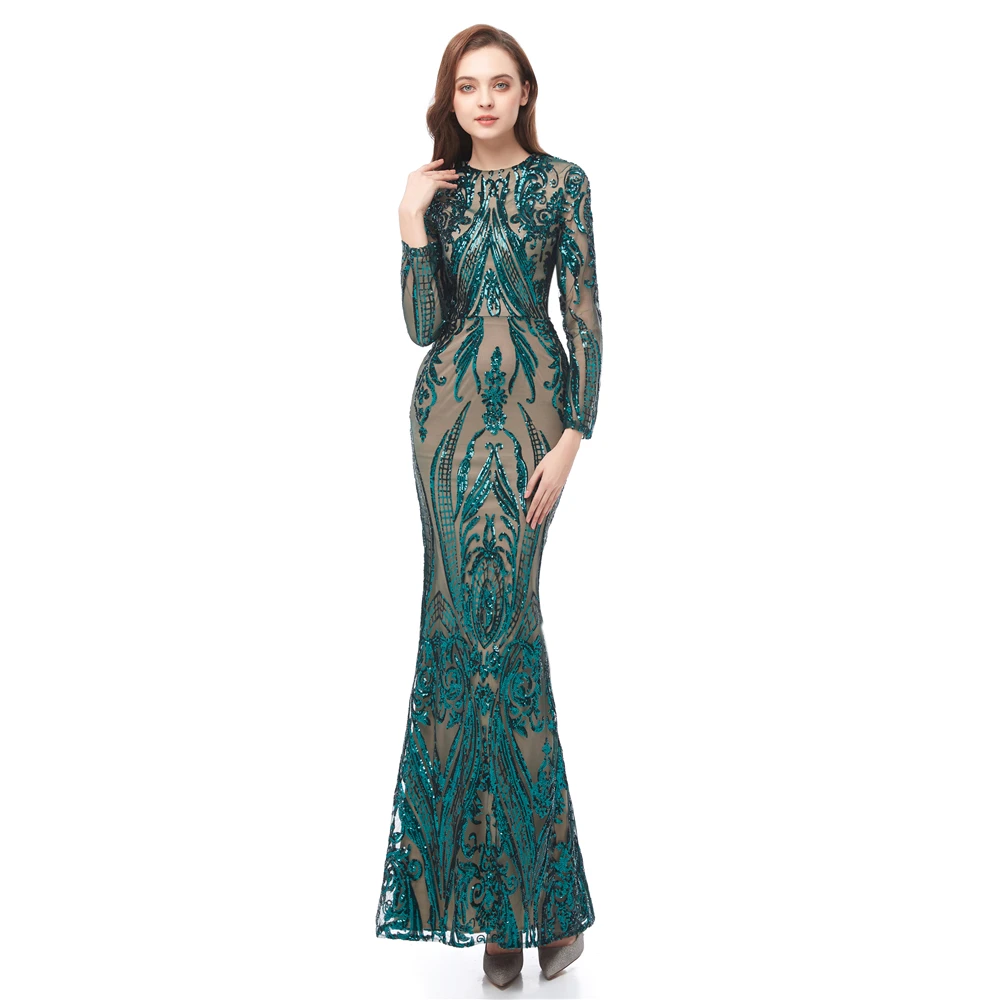 Eremald Green Mermaid Prom Dresses Met Afneembare Trein 2022 Luxe Pailletten Applique Lange Mouw Kant Fishtail Avondjurken