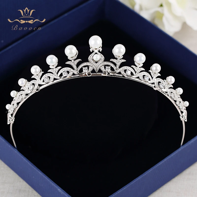 Brides Pearls Hairbands Evening Zircon Crystal Crown Tiara Wedding Hair Jewelry