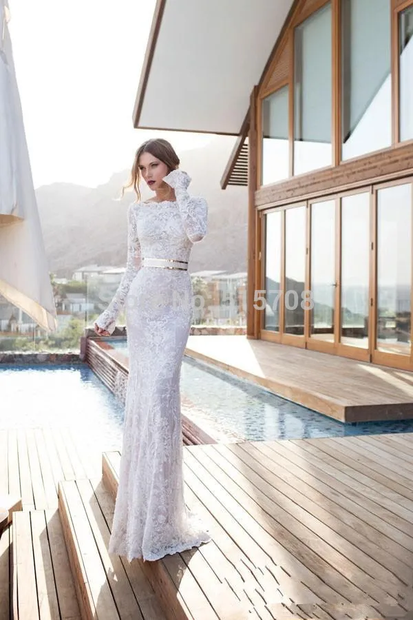 

Custom Made Retro Lace Bridal Gown Bateau Floor Length Lace Sheath With Long Sleeves Formal Women Cheap Wedding Dresses