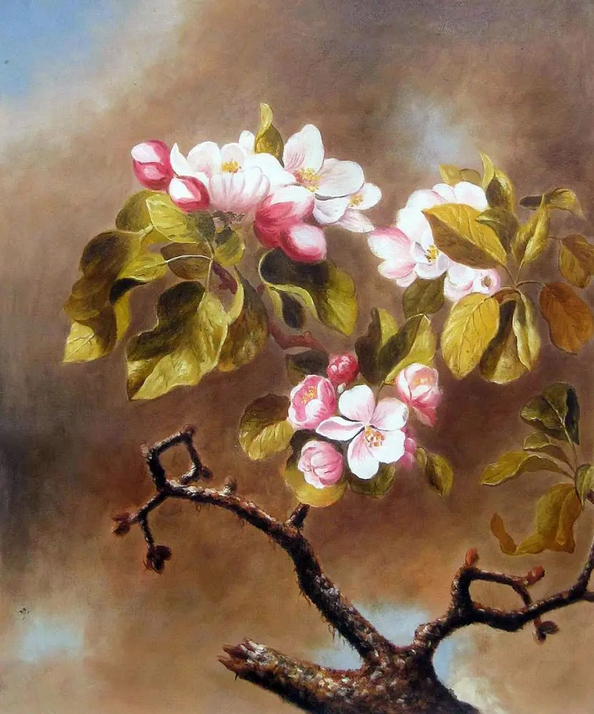 Dining Room Oil Painting Flower Hand Painted Martin Johnson Heade Branch of Apple Blossoms Against Cloudy Sky Canvas Art