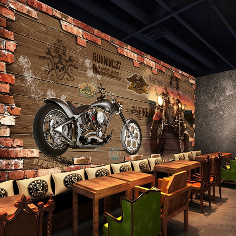 Papel tapiz De ladrillo De motocicleta Retro personalizado, decoración creativa De restaurante y cafetería, Mural en relieve 3D, Papel De pared 3 D