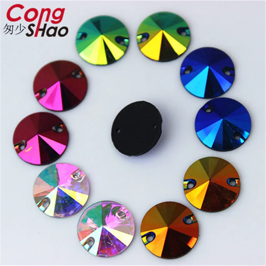 Cong Shao 100 pièces 12mm forme ronde cristaux noirs AB strass Flatback couture 2 trous pierres résine pour bricolage robe de mariée WC763