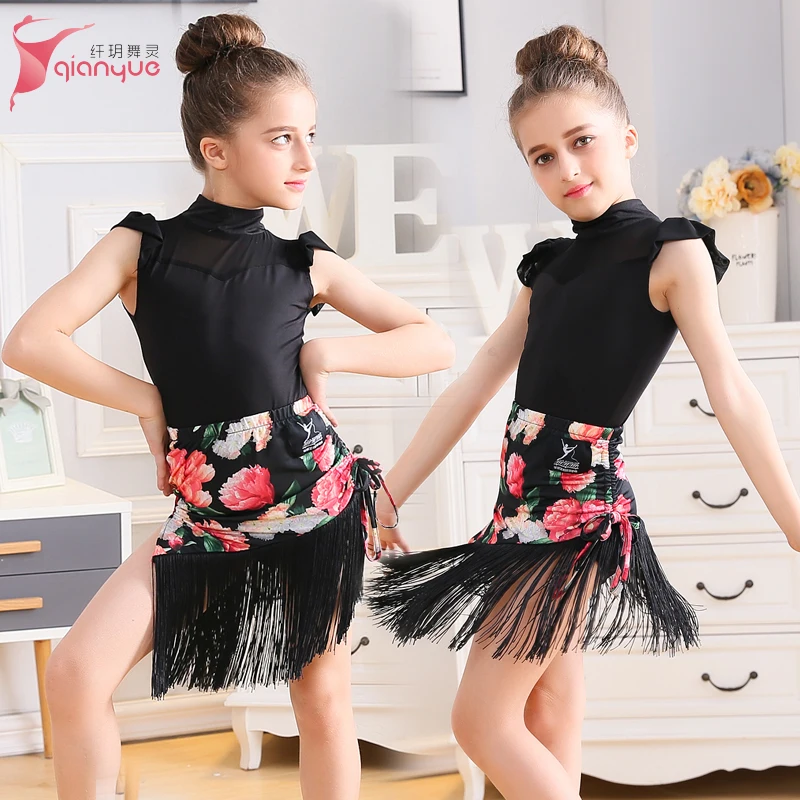 Children's Latin Dance Skirt Kids Short Sleeve Dancing Suit 2pcs Exercise Suit Girls Performance Tassels Clothes Tassels B-5623