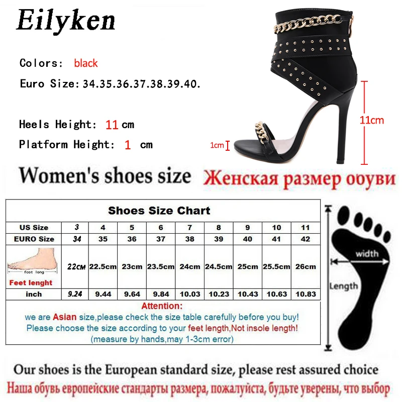 Eilyken nit ozdoby metalowe pokrowiec wysokie sandały na obcasie buty dla kobiet impreza Gladiator czarne buty damskie rozmiar 35-42