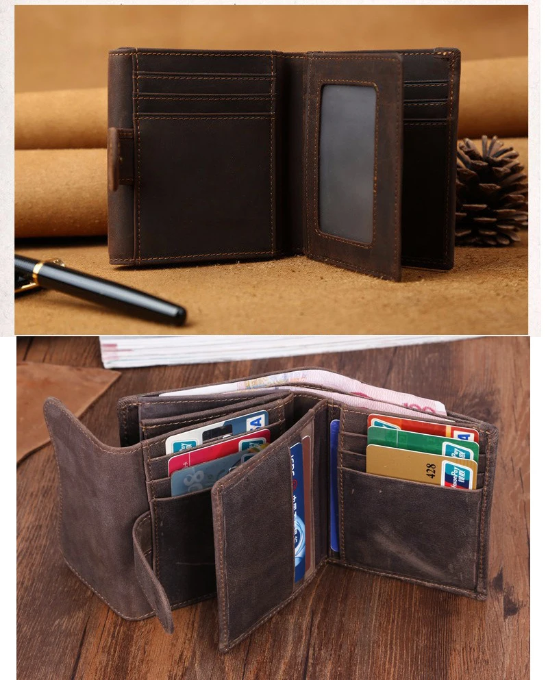 Vintage Crazy horse Genuine Leather Men Wallet Men Purse Leather Wallet male Purse short style Clutch Bag Coin bag Money Clips