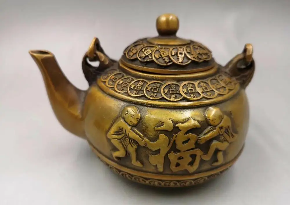 brass copper carved auspicious boys wealth coin bat cup jar pot kettle teapot