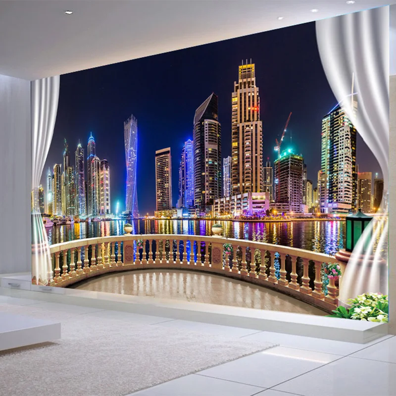 

Custom Wallpaper 3D Outside The Window City Night View Photo Murals Poster Living Room Bedroom Creative Home Decor 3D Fresco