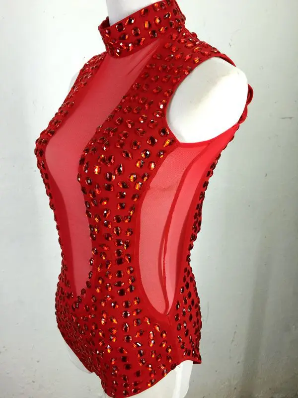 2015 new female red sexy slim acrylic rhinestones Perspective gauze hollow DJ singer costume DS dancer for performance bodysuit