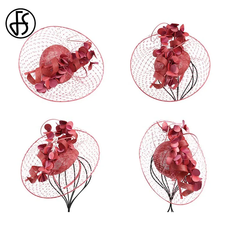 FS Womens Fascinators Red Derby Hat Flower For Lady Sinamay Church Hats Big Brim Fedoras Elegant Black Wedding Party Dress Hat