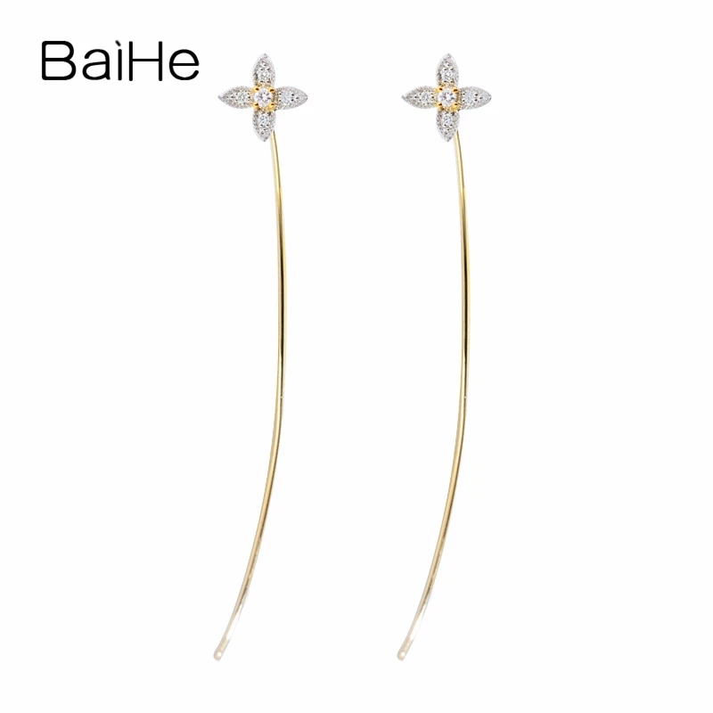 

BAIHE Solid 14K White Yellow Gold 0.06CT H/SI Natural Diamonds Wedding Fine Jewelry Diamond Earrings Flower Earrings Women Girl