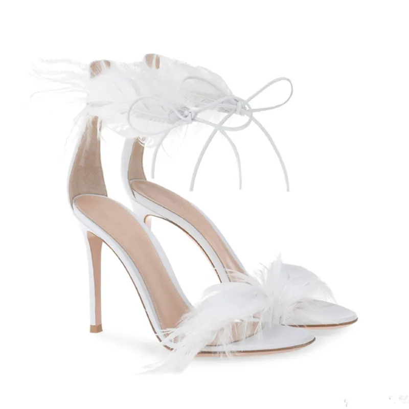 White Feather Decor Women Gladiator Sandals 10cm Thin High Heels Formal Dress Pumps Summer Shoes Black Strap Sandalias Femmes