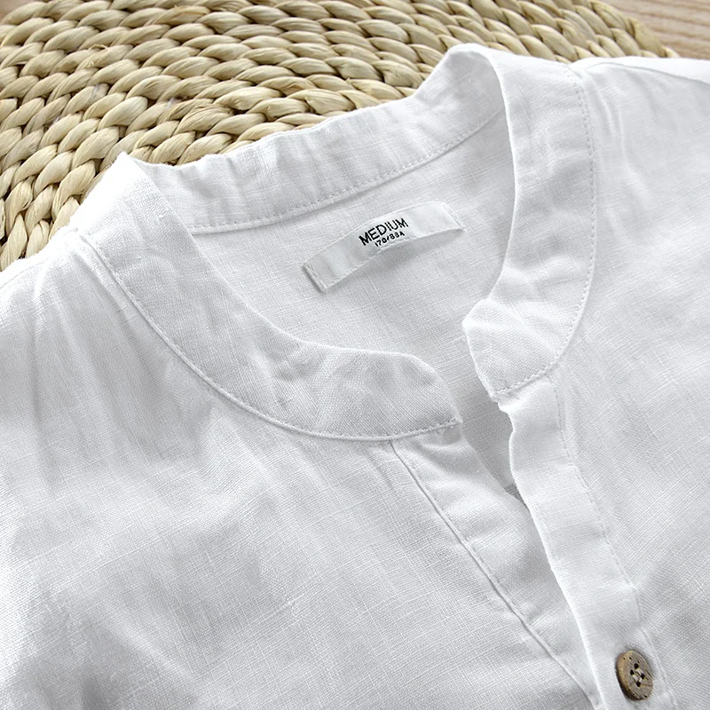 New pure linen short-sleeved shirt stand collar casual simple white shirt men brand vintage wooden buckle design camisa