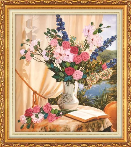 

3D rose flower vase Ribbon embroidery oil painting set floral kits handcraft cross-stitch DIY handmade needlework wall art decor