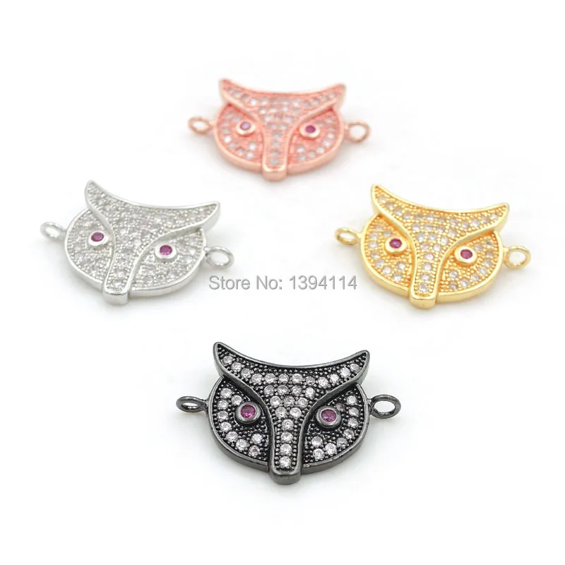 

21*18*3mm Micro Pave Red & Clear CZ Owl Head Connector Fit For Women As DIY Bracelets Accessory