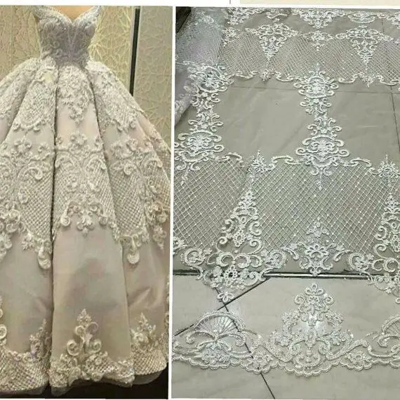 

Hot selling off white/black/gold handmade beaded on mesh embroidered lace fabric bridal wedding dress lace 130cm one yard