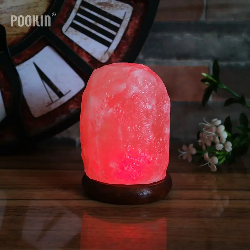 LED Changeable Colors  Himalayan Crystal Rock Salt Lamp Natural Hand Carved USB Wooden Base  Air Purifier Night Light