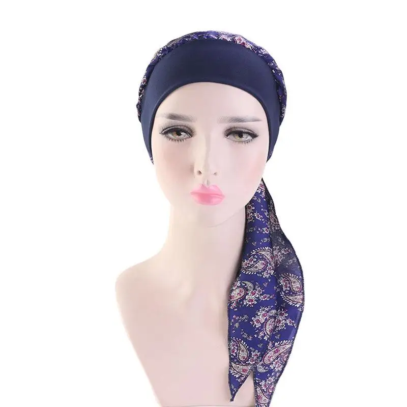 Muslim Women Hair Loss Cancer Chemo Cap Turban Beanie Islamic Head Wrap Long Tail Ruffle Pre-tied Bandana Tichel Headwear