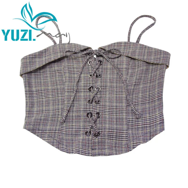 Vest Female 2018 Yuzi.may Boho New Cotton Waistcoat Women Strapless Camis Bandage Bow Plaid Short Vests B9263