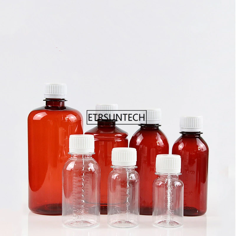 50/60ml Empty clear amber plastic liquid bottle Small sample bottles Measuring scale F1855