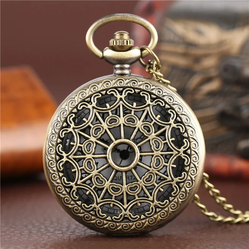 Montre de Poche à Quartz en Bronze Antique Vintage pour Homme et Femme, Pendentif en Toile d'Araignée Creuse, Collier de Pull Unique, Steampunk