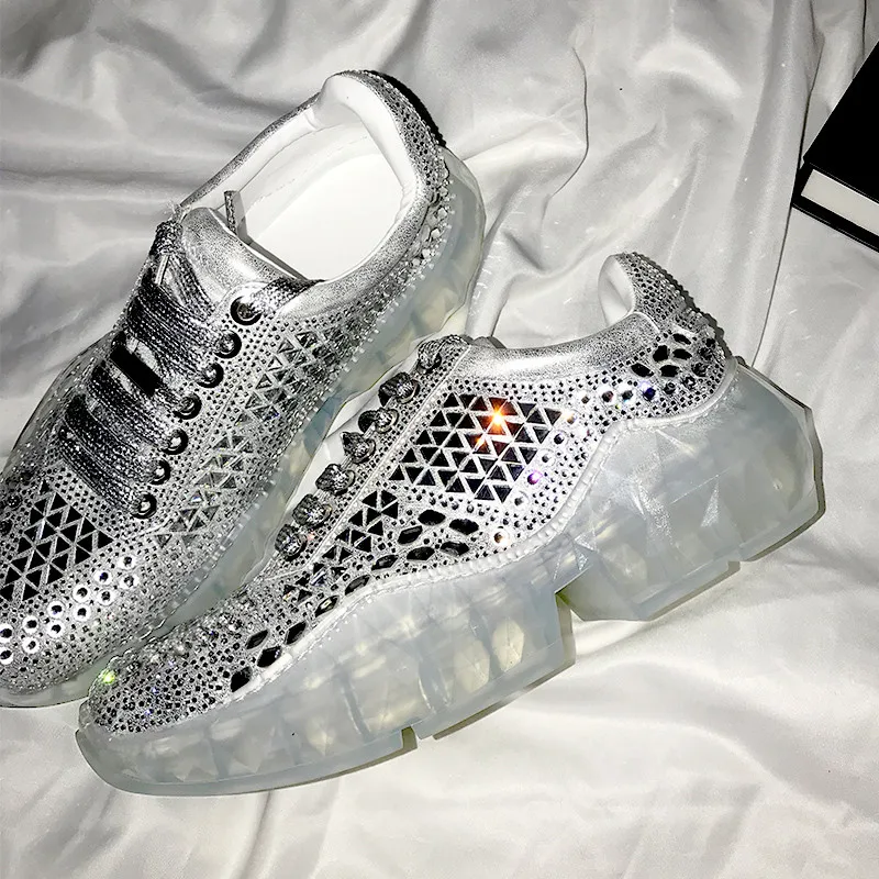 Sneakers da donna suola trasparente Platform Creepers scarpe basse stringate donna espadrillas da donna con strass scarpe da ginnastica da corsa