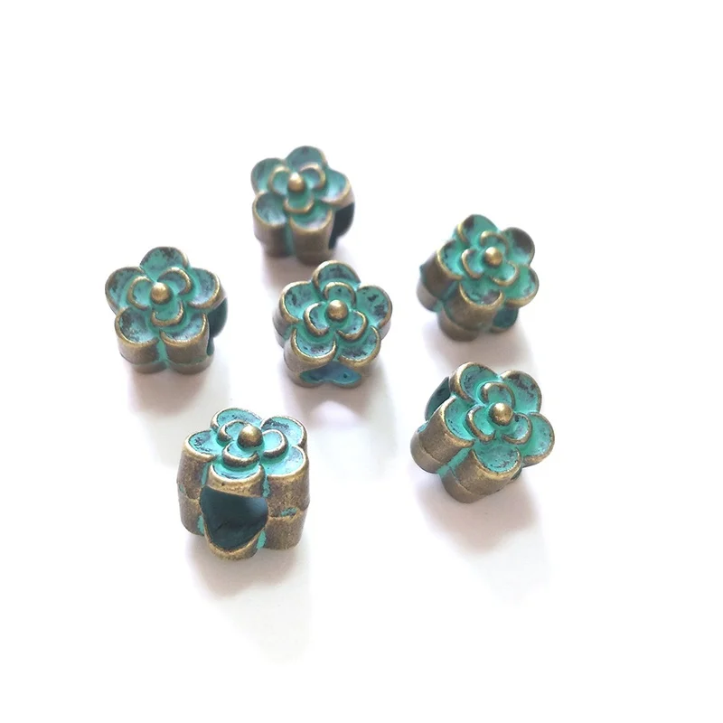 New Fashion 15pcs 9MM Zinc Alloy Green Round Flowers Big Hole Beads for DIY Bracelet Jewelry Accessories