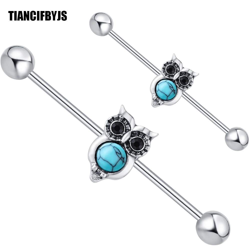 

TIANCIFBYJS Opal Stone Owl Steel Industrial Piercing Barbell Earring Sexy Women Body Jewelry Helix Ear Bar Tragus Pircing 20pcs