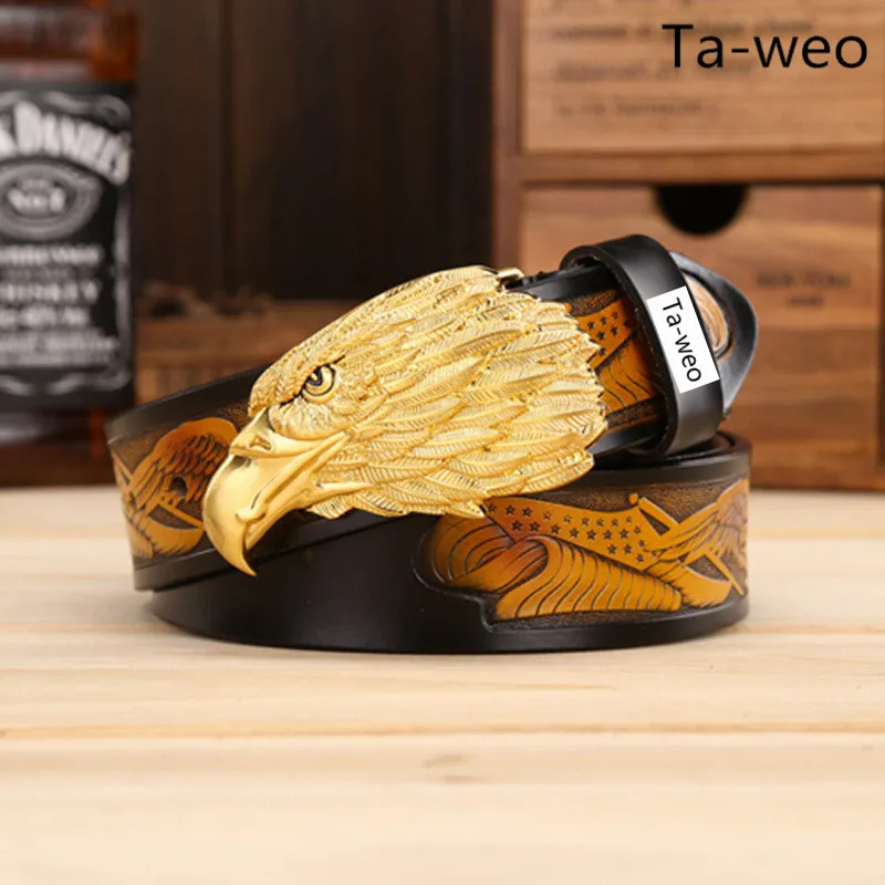 Fashion Men's Cowhide Leather Belts Luxury Eagle Head Smooth Buckle Belts High Quality Eagle Printing Belt Width 3.8 CM