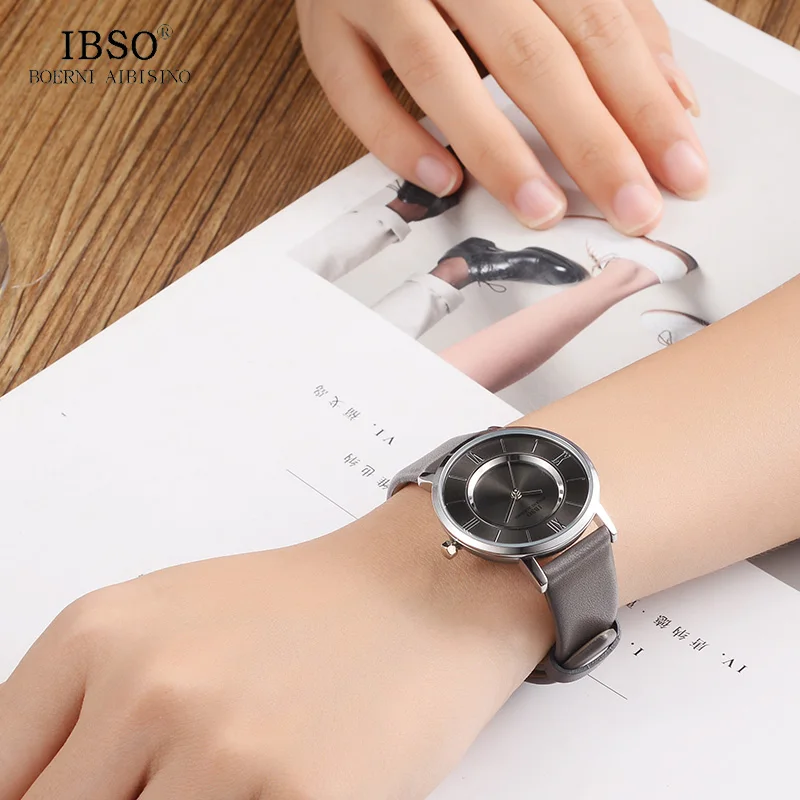 IBSO New Brand 7 MM Ultra-Thin Women Watches 2021 Gray Genuine Leather Strap Ladies Watch Luxury Quartz Watch Women Montre Femme