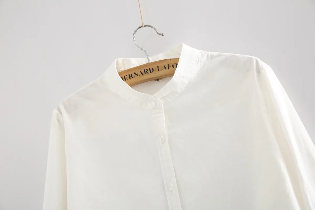 EYM-camisa informal de algodón para mujer, Blusa de manga larga con cuello levantado, Color blanco liso, estilo Simple, novedad de 2024