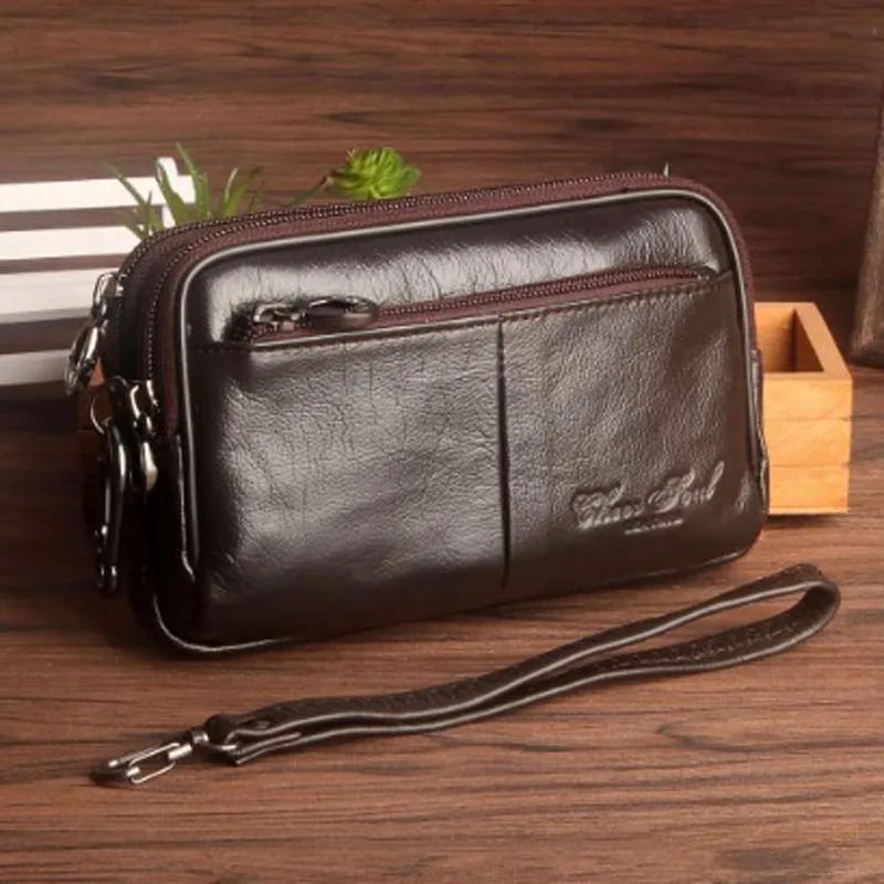 New High Quality Genuine Leather Waist Bag Clutch Bag Men Hip Bum  Belt Hook Fanny Waist Pack Loop  Mobile Cell Phone Bag 2375