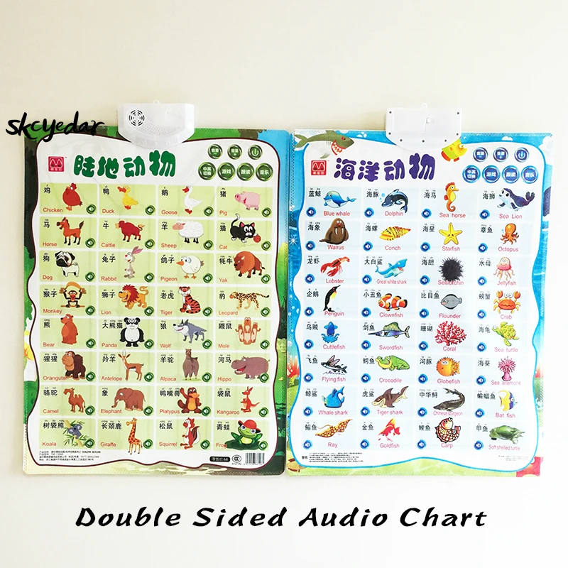 Audio Bilingual Land Animals&Marine Life Flip Chart (Double Sided) English&Chinese Early Education Wall Decor Classroom Supplies