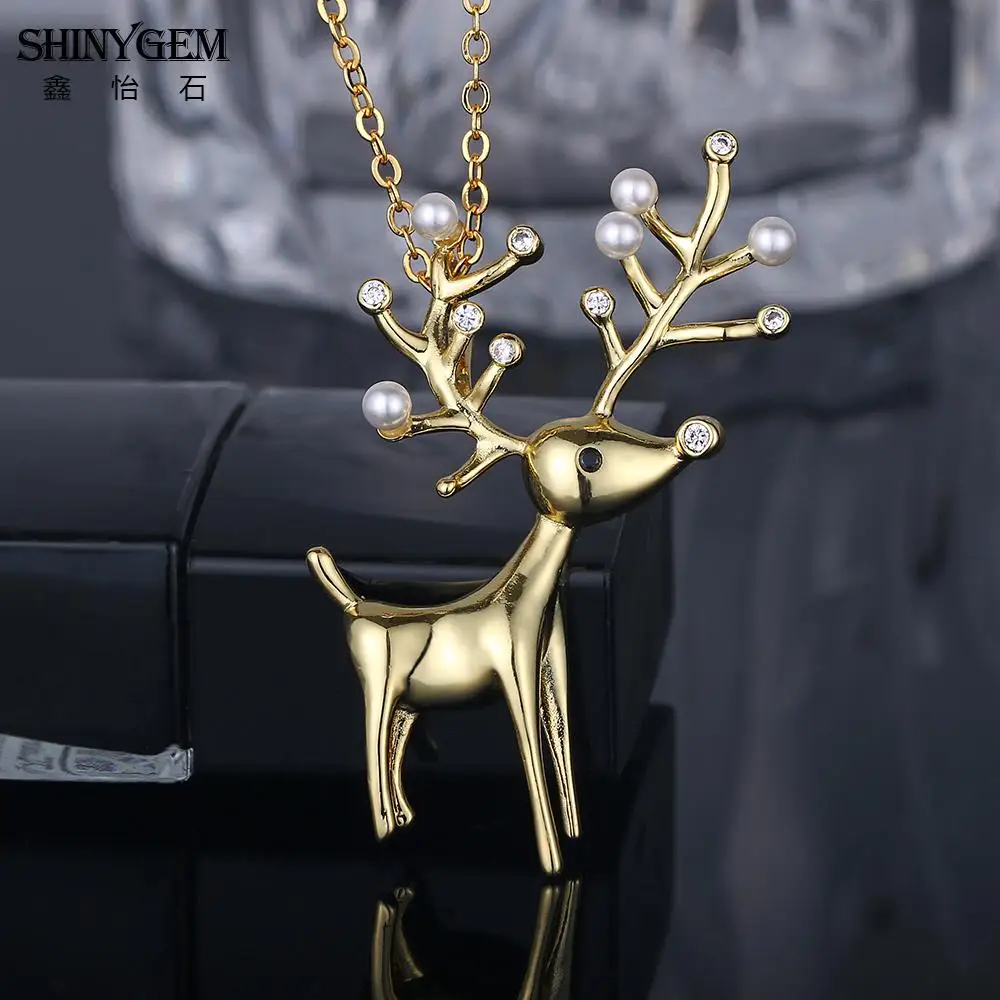 

ShinyGem 2025 Christmas Trendy Antlers Pearl Necklace Dainty Gold Plating Cute Deer Pendant 3D Small Animal Statement For Women