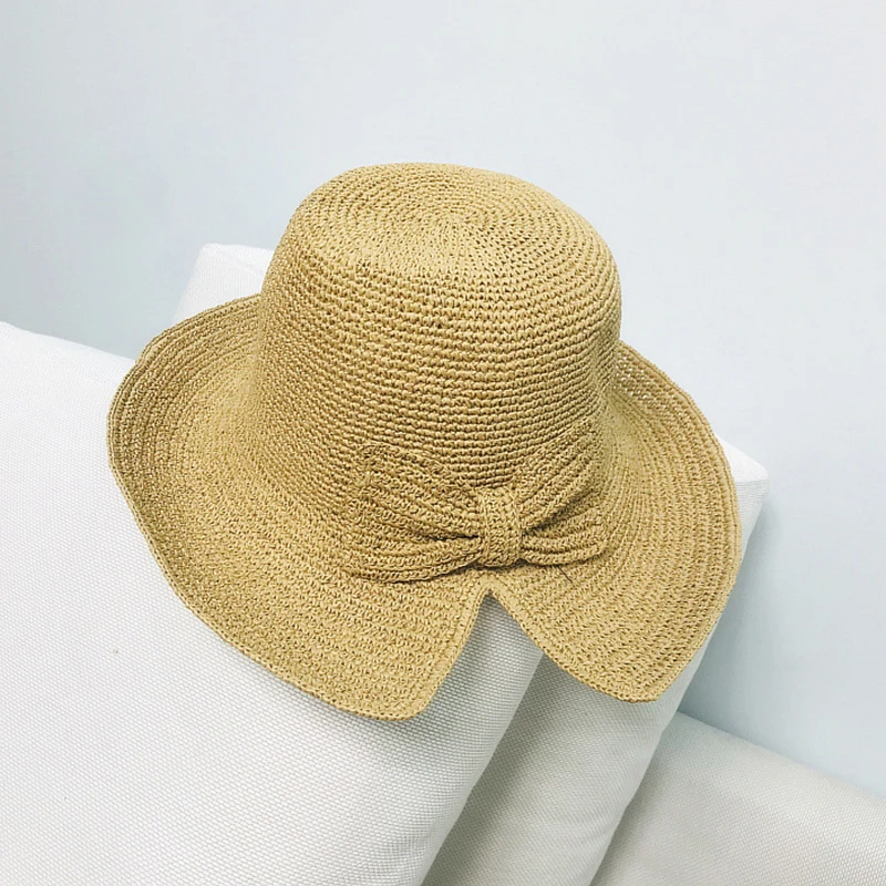 Summer Women Elegant Straw Bucket Hats Female Casual Sweet Sun Hat Women Fisherman Hat Bow Decoration Visor Wide side Bucket cap